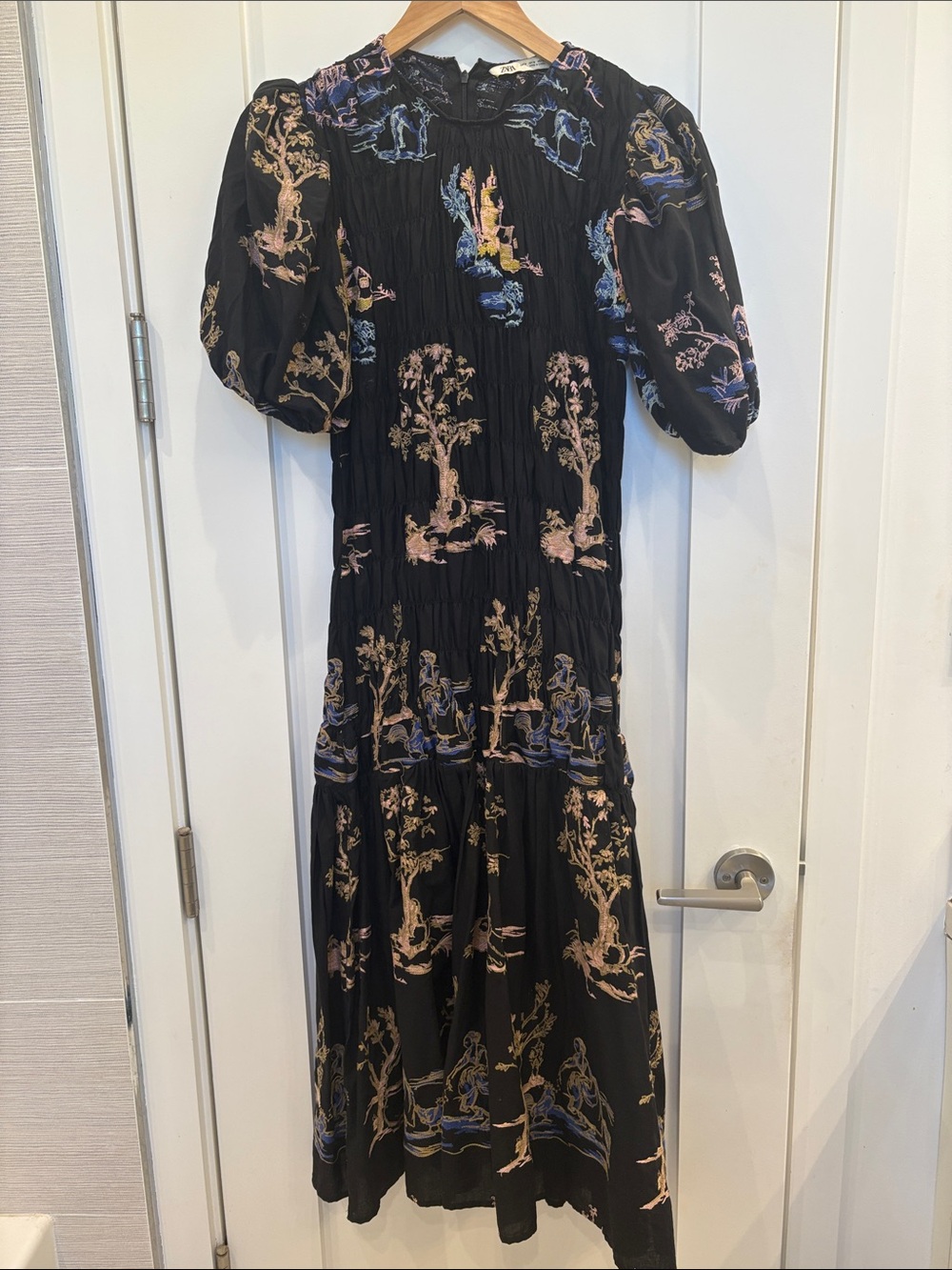 Zara Black Maxi Dress with Pastel Scenic Print
